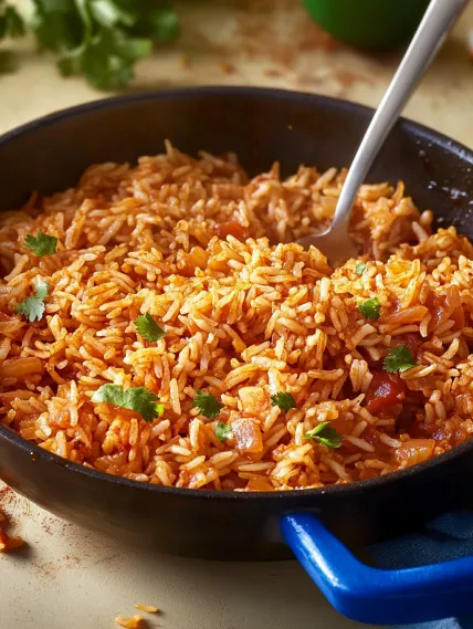 A bowl of rice with a spoon in it.