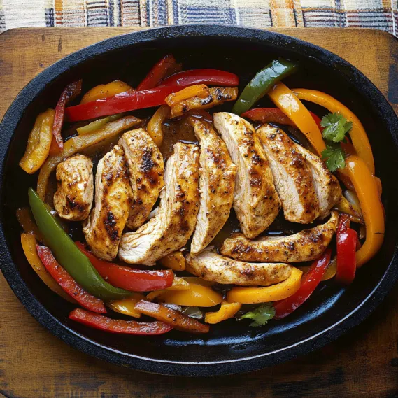 A plate of food with chicken, peppers, and onions.