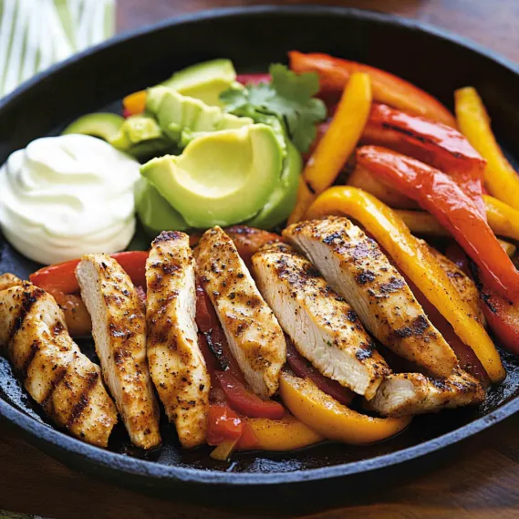 A plate of food with chicken, peppers, and avocado.