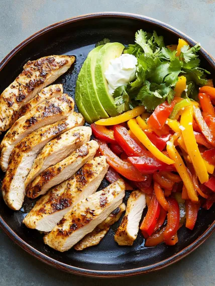 A plate of food with chicken, peppers, and avocado.