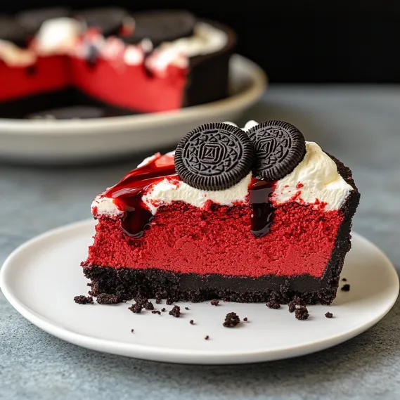 A slice of red velvet cake with white icing and two Oreo cookies on top.