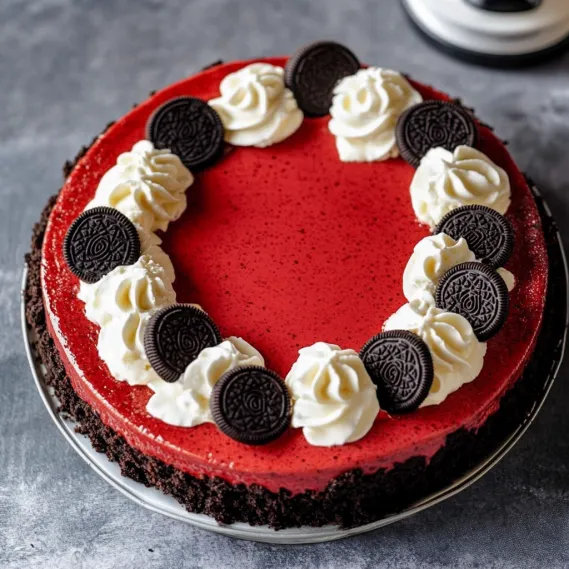 A slice of cake with white icing and black and white cookies.