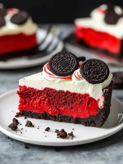 A slice of red velvet cake with white frosting and two chocolate Oreo cookies on top.