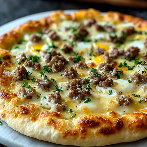 A pizza with eggs and sausage on top.