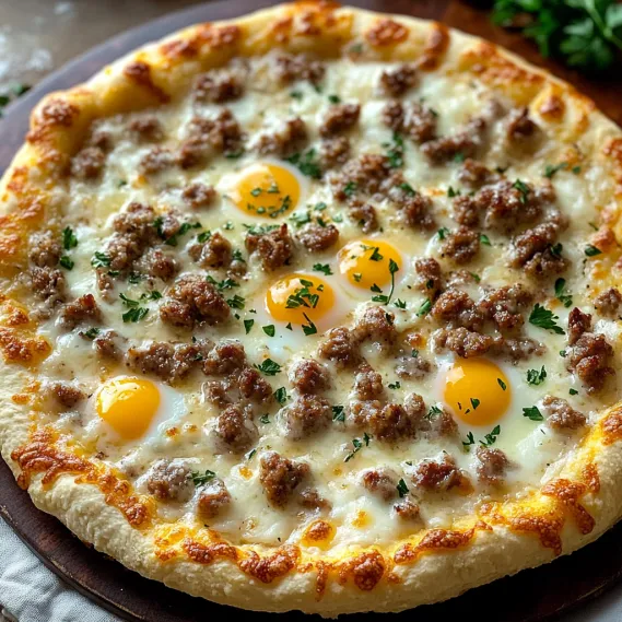A pizza with eggs and sausage on top.