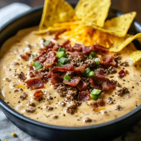 A bowl of soup with bacon and chips.