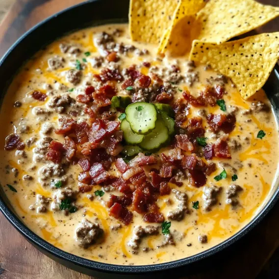 A bowl of chili with bacon and a pickle on top.