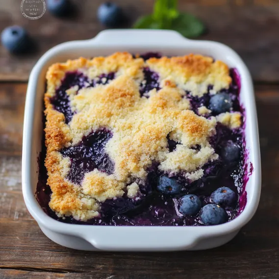 A white bowl with a blueberry crumble in it.