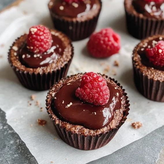 Chocolate cupcakes with raspberries on top.