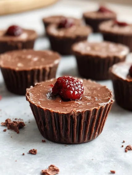 Chocolate cupcake with a raspberry on top.