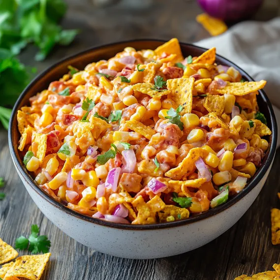 A bowl of nacho chips with onions and tomatoes.