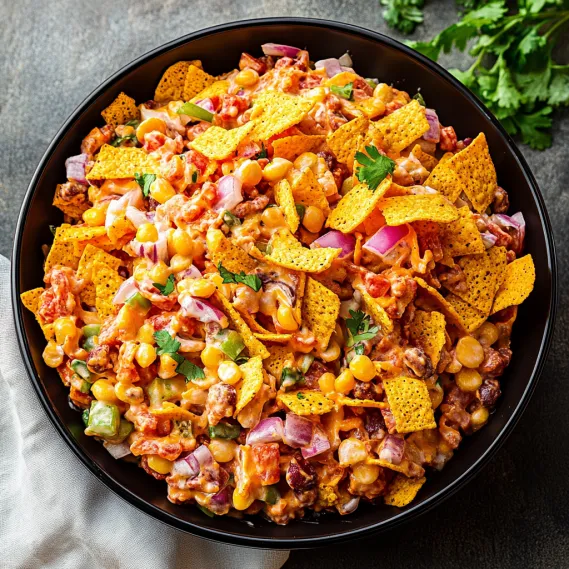 A bowl of nachos with cheese and onions.