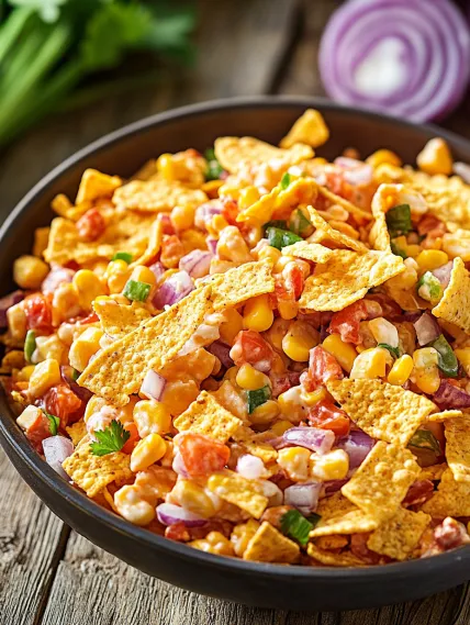 A bowl of nachos with tomatoes and onions.