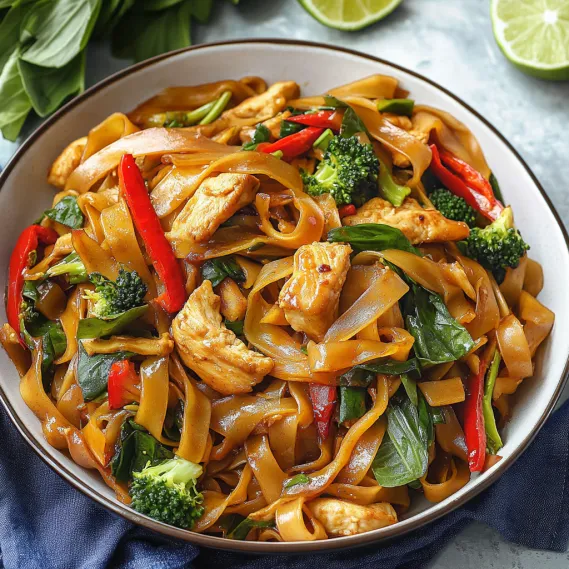 A bowl of noodles with chicken and broccoli.