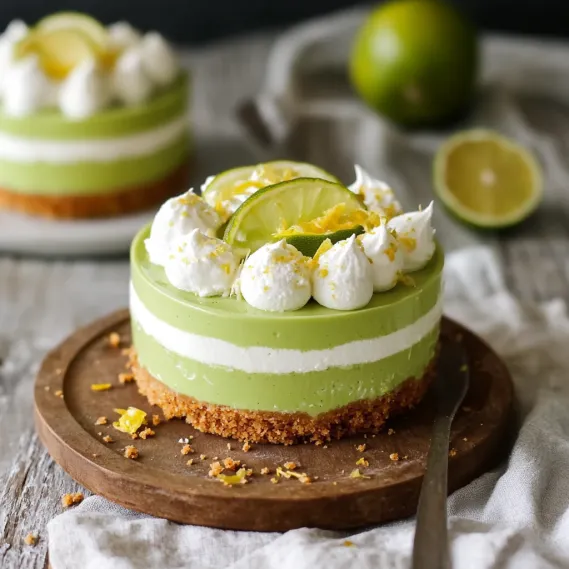 A slice of cake with white whipped cream and lime slices on top.