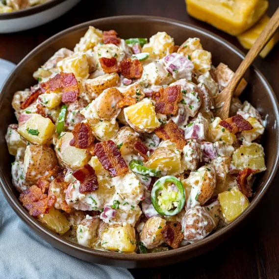A bowl of food with bacon and potatoes.
