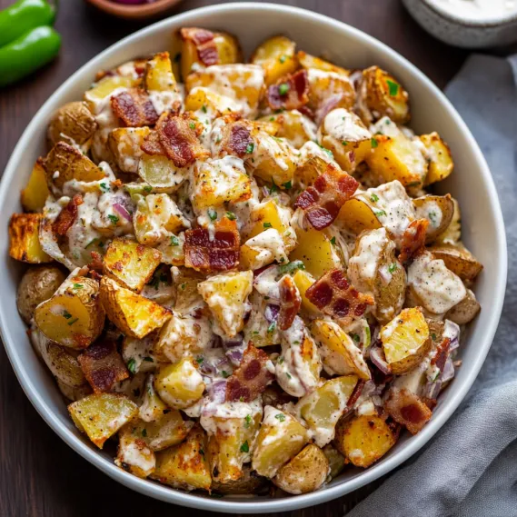 A bowl of food with potatoes and bacon.