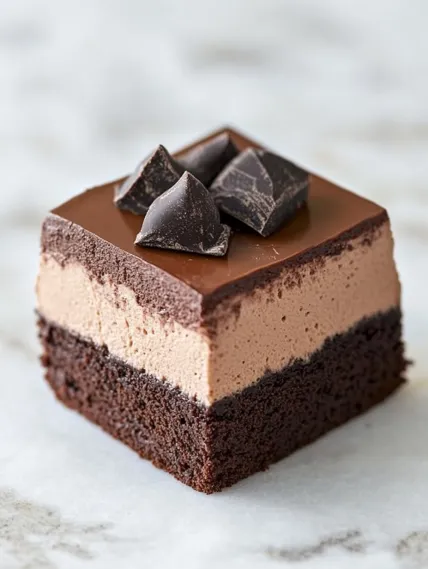 A slice of chocolate cake with chocolate chips on top.