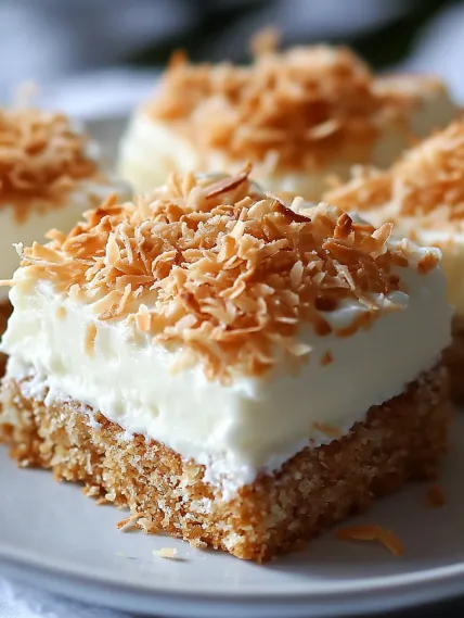 A slice of cake with coconut on top.