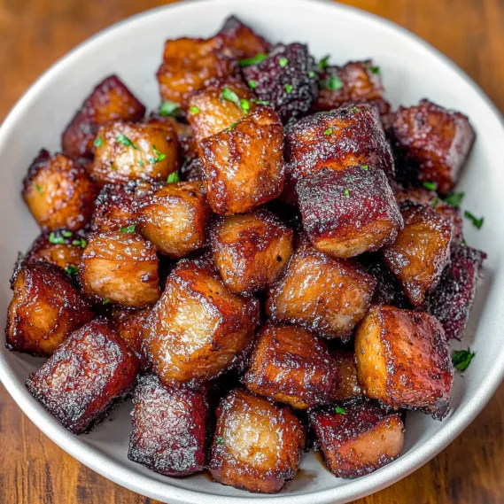 A bowl of meat with a green garnish.