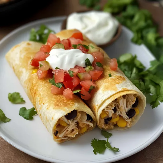 A plate of food with a burrito and a bowl of sour cream.