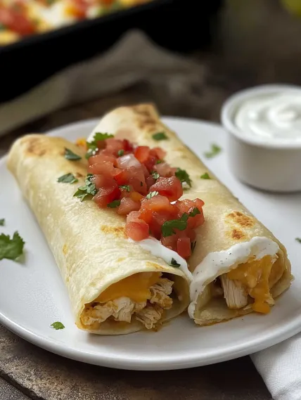 A plate with a burrito and a bowl of sour cream.