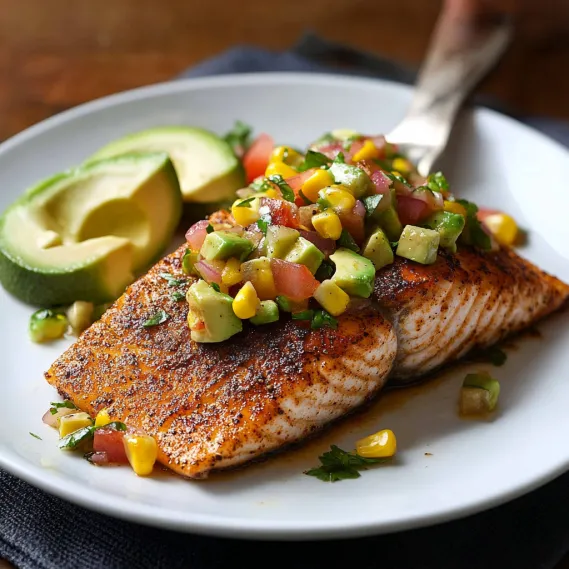 A plate of food with fish and avocado.