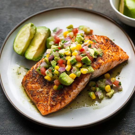 A plate of fish with a side of avocado and tomatoes.