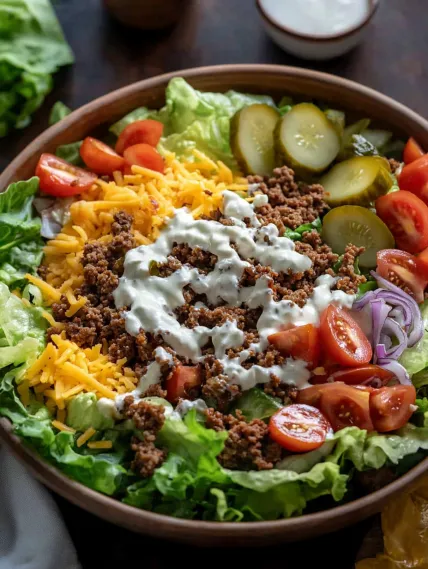 A bowl of salad with meat and cheese.