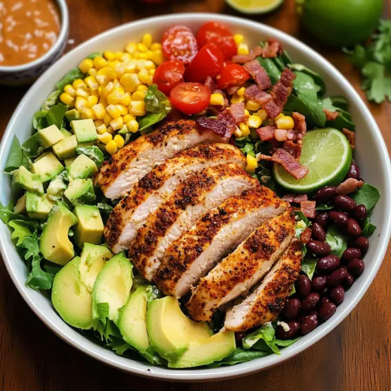 A bowl of food with chicken, tomatoes, corn, and avocado.