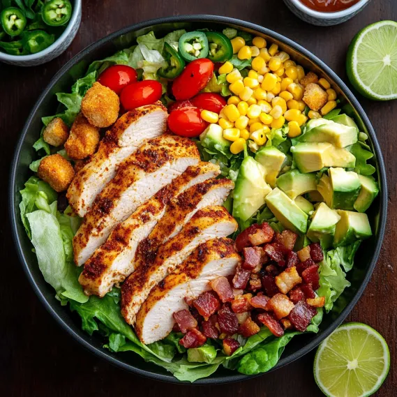 A bowl of food with chicken, avocado, tomatoes, corn, and jalapenos.