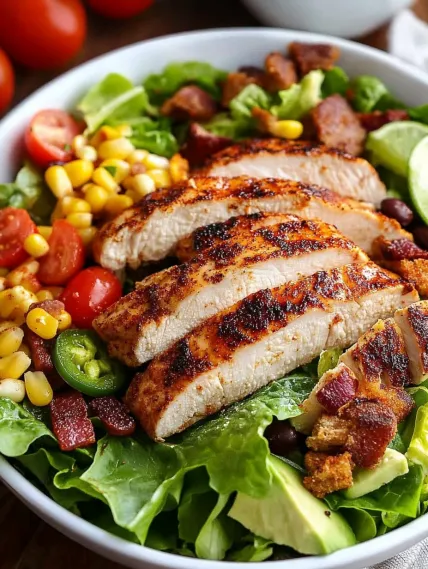 A salad with chicken, corn, tomatoes, and lettuce.