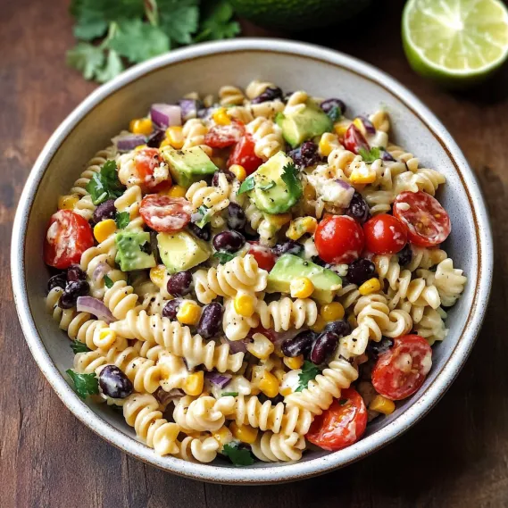 A bowl of pasta with tomatoes, corn, and beans.