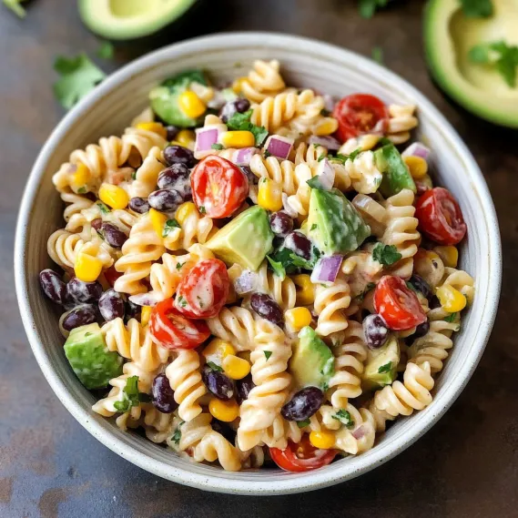A bowl of pasta with tomatoes, corn, and beans.