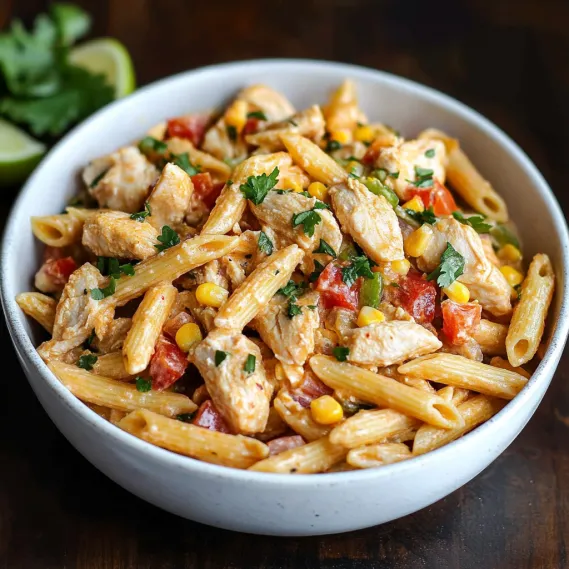 A bowl of pasta with chicken and vegetables.