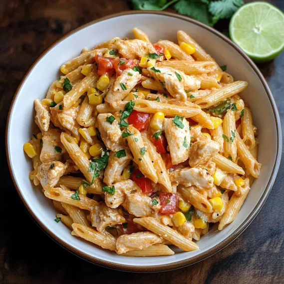 A bowl of pasta with chicken and tomatoes.