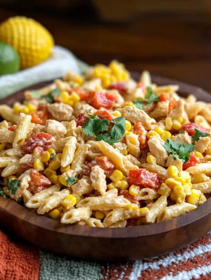 A plate of pasta with tomatoes, corn, and chicken.