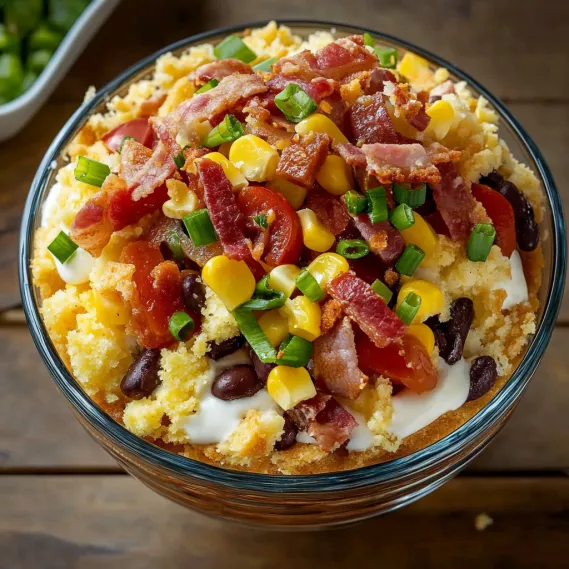 A bowl of food with bacon, corn, tomatoes, and beans.
