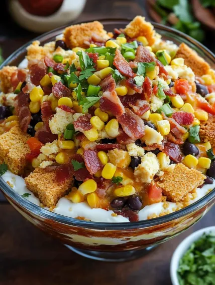 A bowl of food with bacon, corn, tomatoes, and beans.