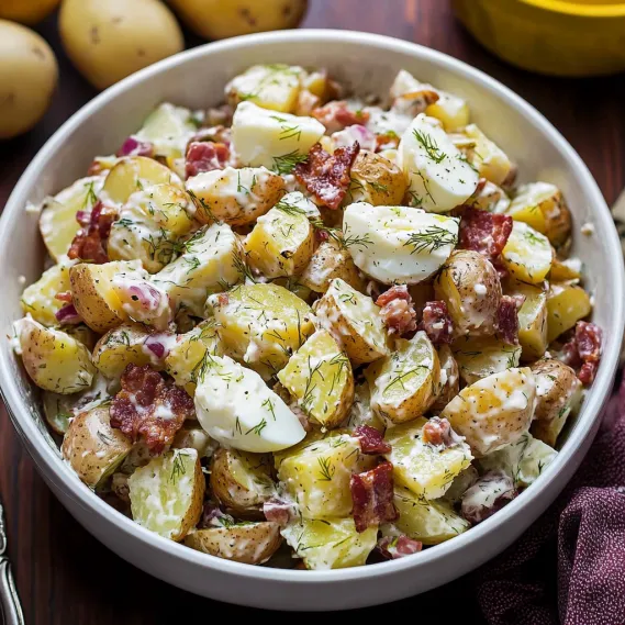 A bowl of potatoes and eggs.