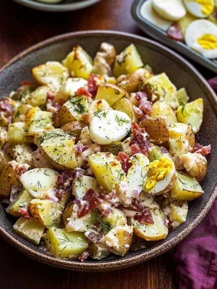 A bowl of food with eggs, potatoes, and other vegetables.
