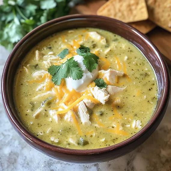 A bowl of soup with chicken and cheese.