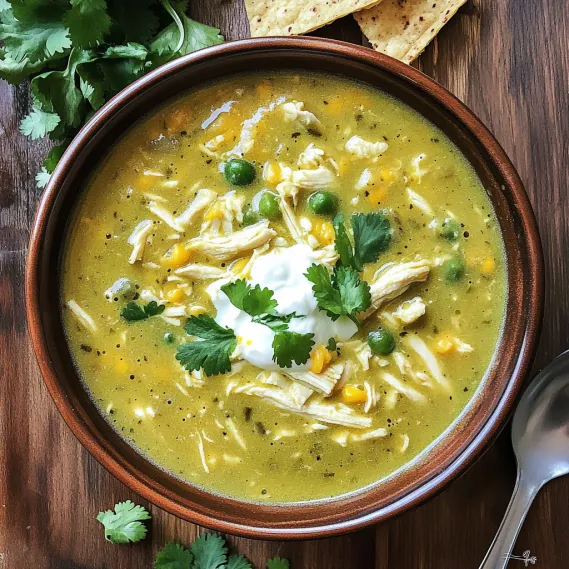 A bowl of soup with chicken and peas.