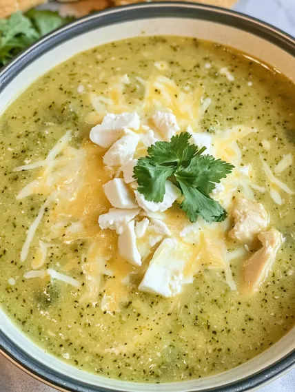 A bowl of soup with cheese and chives.