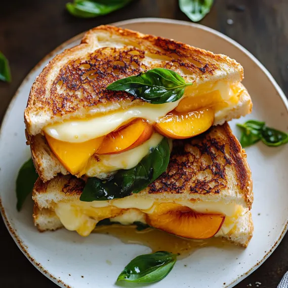 A sandwich with peaches and spinach on a plate.