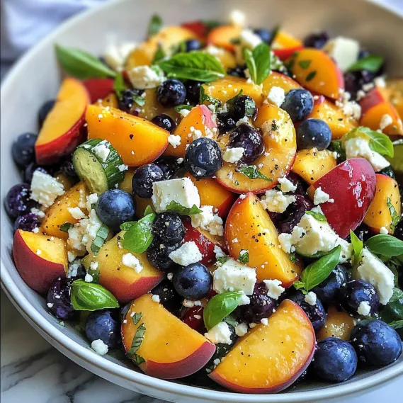A bowl of fruit with blueberries, peaches, and mint.