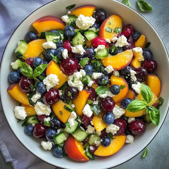 A bowl of fruit salad with blueberries, peaches, cucumbers, and feta cheese.