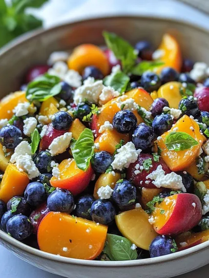 A bowl of fruit with blueberries, peaches, and other fruits.
