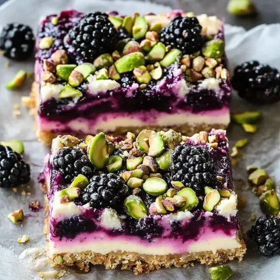 A slice of cake with blackberries and walnuts.