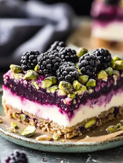 A slice of cake with blackberries and walnuts.